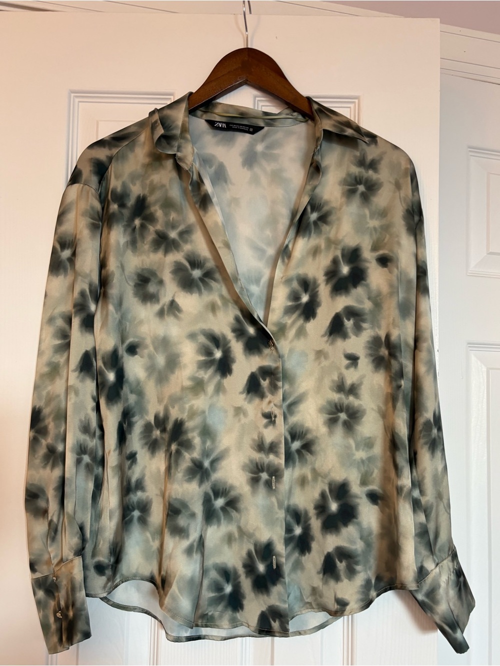 Zara Sage and Black Floral Satin Button-Down Shirt